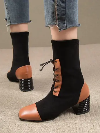 2023秋冬新款韩版高跟短靴方头瘦瘦靴粗跟中筒靴中跟百搭弹力靴女商品大图