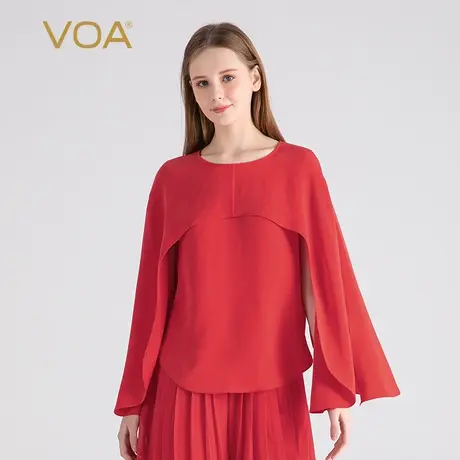 VOA正红色30姆米重磅厚桑蚕丝圆领飘袖宽松弧形摆宽松真丝T恤衫图片
