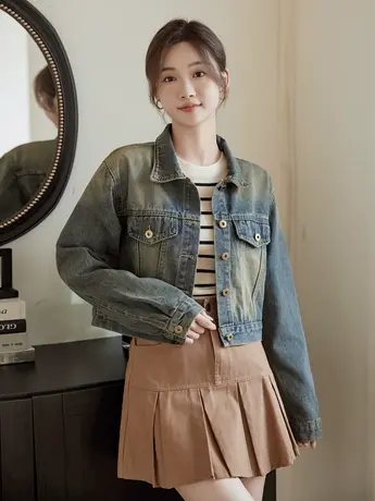 设计感小众美式复古牛仔外套女短款秋季怀旧辣妹小个子夹克显瘦潮图片