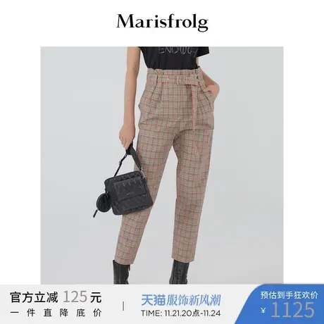 Marisfrolg玛丝菲尔春季新款女装格子休闲裤女裤子简约高腰九分裤图片