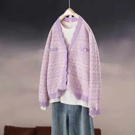 2023春季新款韩版宽松小香风针织衫毛衣女士上衣开衫外套长袖V领商品大图