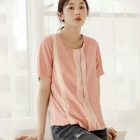 桔熊夏季通勤气质小衫条纹印花撞色拼接泡泡袖上衣女大码AB17201商品大图