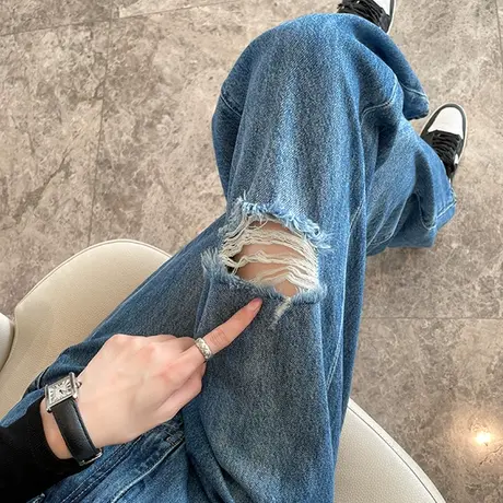 蓝色破洞牛仔裤女高街直筒乞丐春秋季宽松垂感高腰阔腿拖地长裤子商品大图