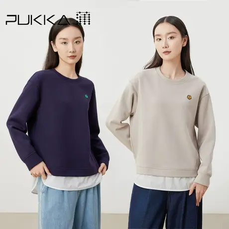 蒲PUKKA   拼接运动风女年新高级双面织卫衣假两件撞色打底衫图片