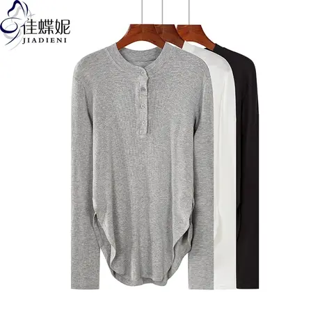 秋季新款韩版圆领纯棉宽松休闲纯色中长款燕尾摆长袖体恤上衣女装商品大图