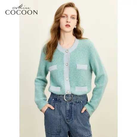 MISSCOCOON宽松V领开衫2023冬季新女时尚撞色罗纹设计H型毛针织衫商品大图