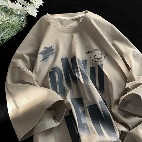 2024新款短袖T恤男夏季ins潮牌眩晕模糊字母重磅纯棉宽松情侣上衣商品大图