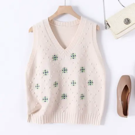 2023春季新款V领绣花针织纯色无袖毛衣韩版宽松上衣背心马甲打底图片