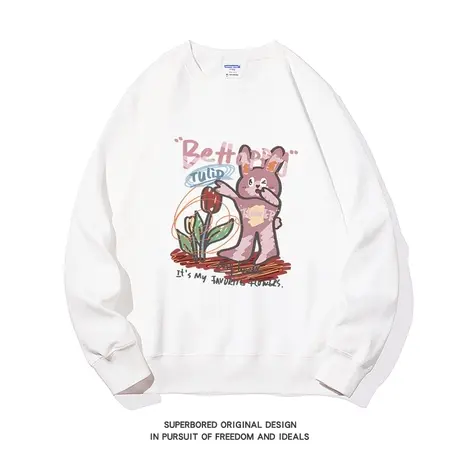 美式休闲趣味兔子印花卫衣男女款情侣装青少年圆领宽松休闲上衣商品大图