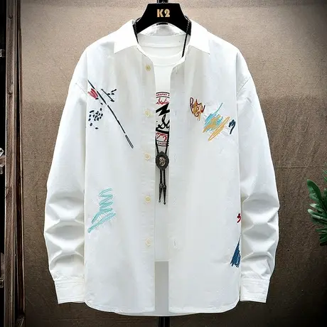 秋季2023新款潮牌长袖白衬衫外套男港风夹克纯棉刺绣情侣褂子衬衣商品大图