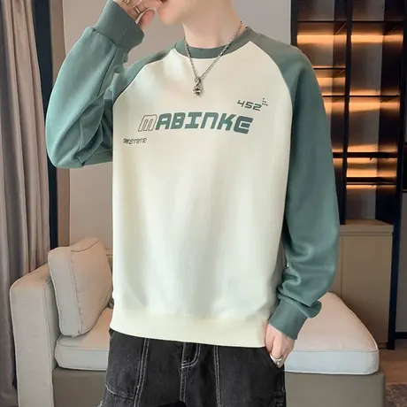 圆领卫衣男春秋季美式宽松拼接插肩袖体恤上衣潮牌字母长袖打底衫商品大图