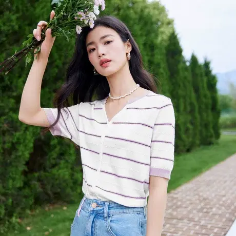 时尚条纹短袖针织衫2023年夏季新款淑女气质V领宽松显瘦通勤上衣图片