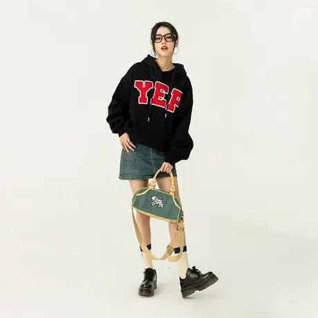 yep字母植绒印花发破立体美式复古连帽卫衣女加厚ins初秋上衣潮牌图片