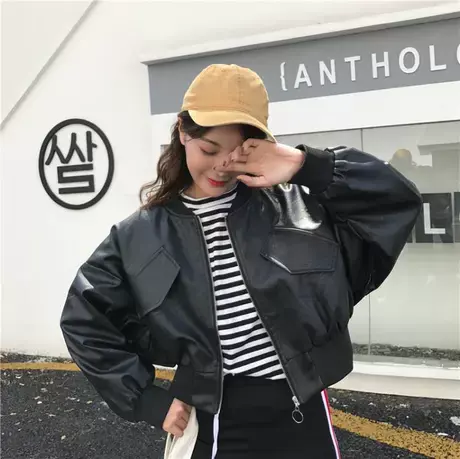港风蝙蝠袖pu机车短款皮衣女韩版新款bf风宽松显瘦夹学生外套潮图片