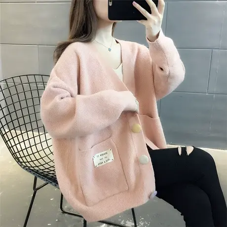 2023秋季新款韩版纯色百搭长袖针织开衫女慵懒风宽松时尚毛衣外套商品大图