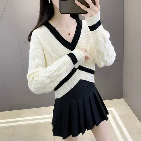 慵懒风V领毛衣女打底衫秋冬宽松软糯简约时尚洋气百搭套头针织衫商品大图