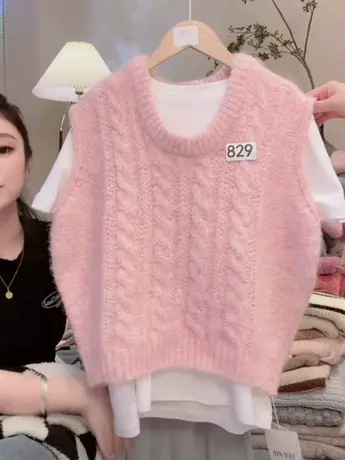 粉色毛衣马甲女韩系宽松时尚高级感叠穿麻花套头针织衫无袖背心洋图片