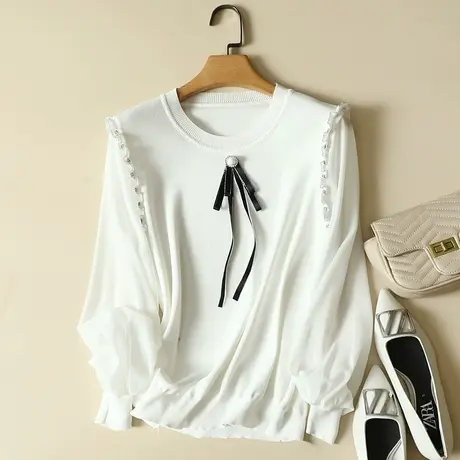 清仓！秋季2023年新款雪纺袖冰丝针织衫女长袖上衣宽松洋打底衫女商品大图