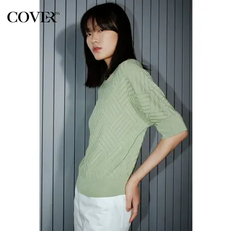 COVER夏季一字领蝙蝠袖螺纹收腰针织衫图片