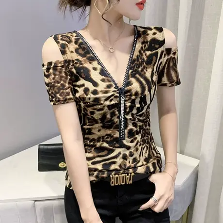 欧货网纱豹纹T恤女短袖性感露肩紧身小衫洋气别致拉链V领上衣夏装图片