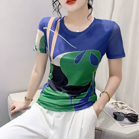 欧货网纱短袖上衣女2024夏装新款气质印花T恤修身显瘦圆领小衫ins图片