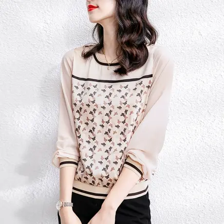 漂亮气质雪纺女小衫2023秋装新款真丝接拼宽松打底衫女内搭长袖衫商品大图