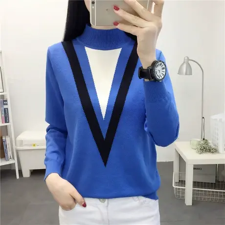 半高领v字套头毛衣女宽松拼色外穿针织打底衫洋气百搭女士上衣潮商品大图