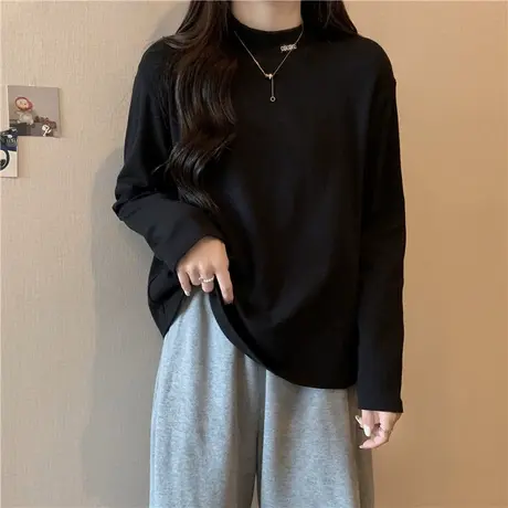 黑色打底衫女秋冬内搭加绒加厚长袖T恤宽松双面德绒半高领上衣潮商品大图