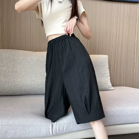 黑色休闲六分短裤夏季薄款高腰显瘦宽松五分棉麻小个子阔腿中裤子商品大图