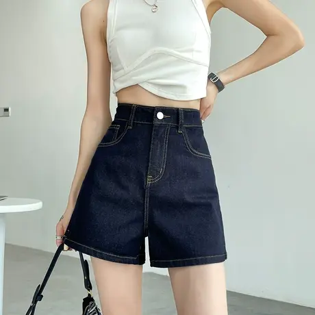 深蓝色高腰牛仔短裤女夏季薄款宽松显瘦a字小个子开叉外穿热裤潮商品大图