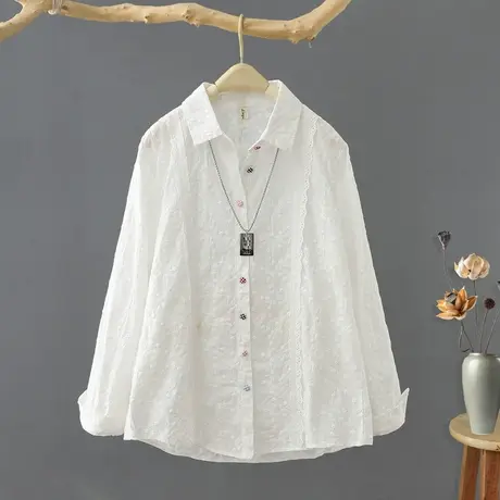 春装新款文艺范小清新短款刺绣纯棉白衬衫女宽松打底衫女装上衣图片