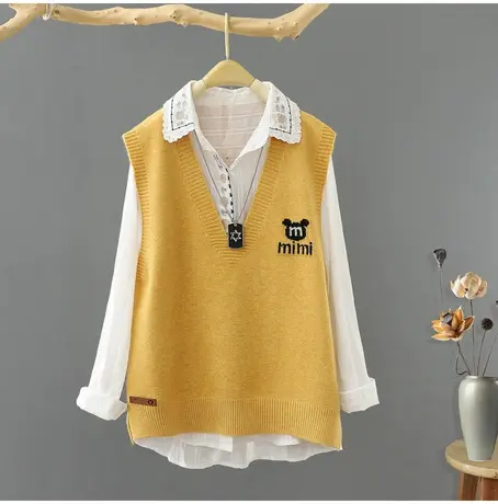 百搭时尚短款v领套头针织马夹女背心秋季新款短款外套毛衣毛坎肩图片