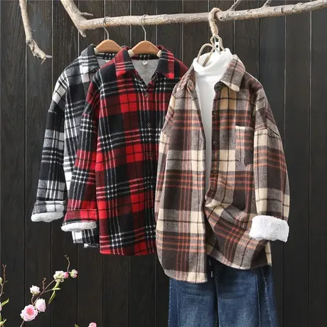复古文艺毛呢格子衬衫女秋冬季新款加绒加厚百搭衬衣外套打底衫图片