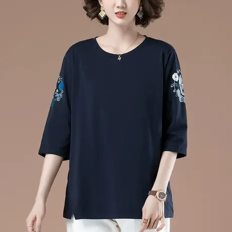 七分袖t恤女春秋加肥加大码女装宽松中年妈妈纯棉印花显瘦打底衫商品大图
