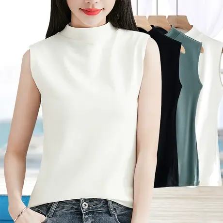 白色小立中半高领打底衫女背心纯棉坎无袖t恤秋冬季加厚保暖内搭图片