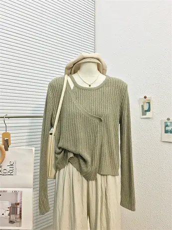 2023秋装新款设计感侧纽扣宽松针织衫竖坑条露锁骨镂空百搭上衣服商品大图