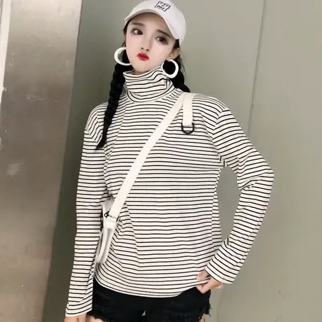 2024年新款春秋冬季黑色条纹上衣内搭白色半高领打底衫女长袖t恤商品大图