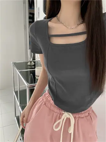 复古欧美风辣妹锁骨方领设计感小众女夏季薄款修身不规则短袖T恤商品大图