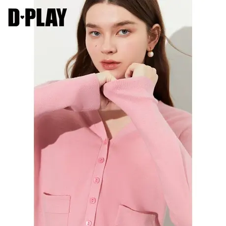 DPLAY春新精致优雅草莓奶油粉短款V领贝壳扣宽松针织开衫外套商品大图