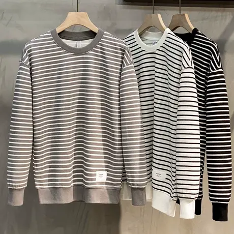 潮牌ins条纹卫衣男休闲百搭针织外套潮流秋季男装日系打底衫上衣商品大图