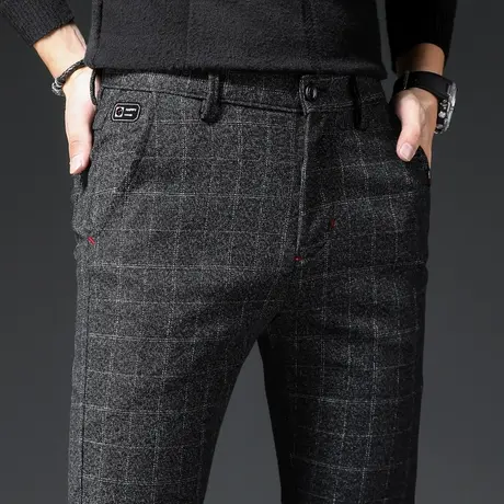 英伦格子裤子男裤毛呢秋冬季男士休闲长裤男修身直筒西裤男装冬装图片