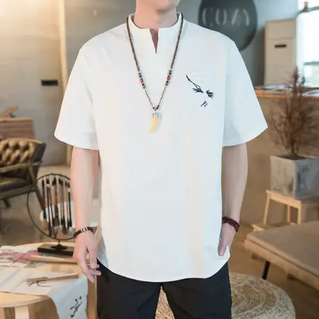 夏季中国风v领短袖男装亚麻t恤男士2022年新款修身冰丝刺绣潮流丅商品大图