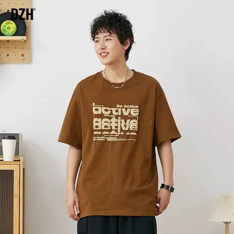 男士32支棕色美式t恤男潮牌复古夏季半袖宽松发泡字母短袖体恤衫商品大图