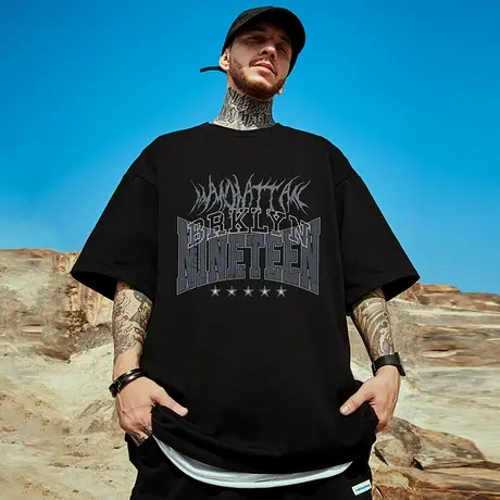 重磅潮牌宽松T恤胖子短袖男加肥加大五分袖纯棉国潮大码男装夏季图片