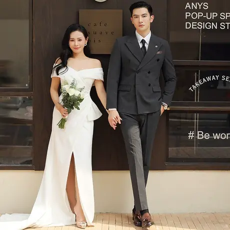 意式戗驳领双排扣西服男套装春秋大码外套修身痞帅正装新郎礼服潮图片