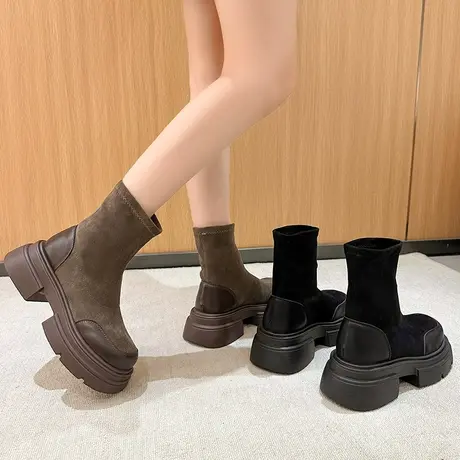 厚底短靴女2023新款早秋弹力瘦瘦靴复古英伦风马丁靴切尔西单鞋子商品大图