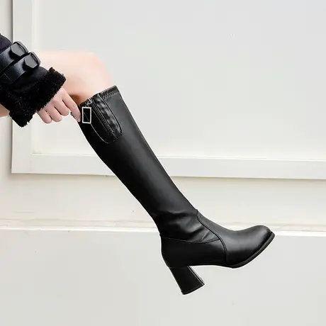 长筒靴女2024新款秋冬季显瘦高筒粗跟长靴小个子不过膝中筒靴皮靴图片