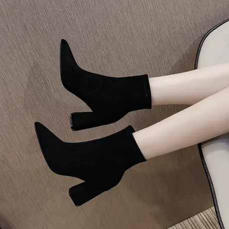 尖头显瘦网红弹力瘦瘦靴2023年秋冬新款百搭绒面粗跟短靴女袜子靴商品大图