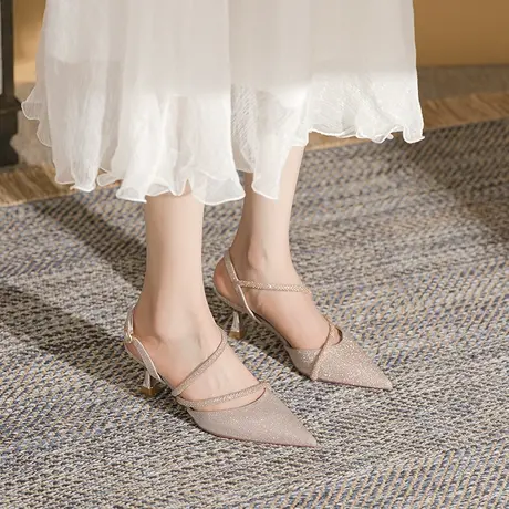 尖头高跟鞋女2024年夏季新款仙女风一字扣带包头凉鞋性感细跟单鞋商品大图