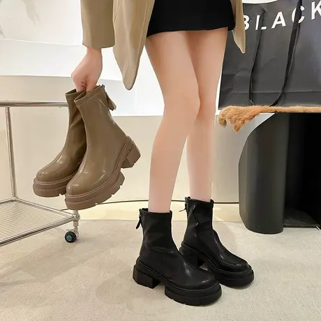 短靴女2023年新款英伦风马丁靴春秋季单靴子增高厚底切尔西瘦瘦靴图片